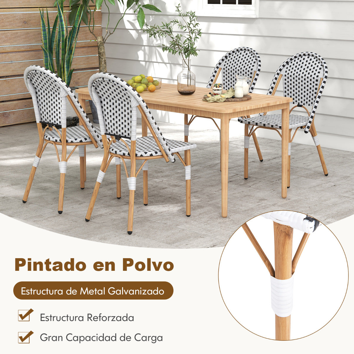 Juego de 2 Sillas de Bistró Francesas sin Brazos Exterior con Ratán Tejido a Mano Marco de Metal para Jardín Cocina Porche Blanco y Negro