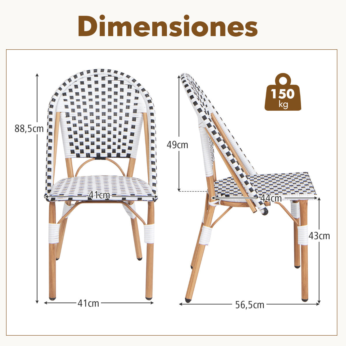 Juego de 2 Sillas de Bistró Francesas sin Brazos Exterior con Ratán Tejido a Mano Marco de Metal para Jardín Cocina Porche Blanco y Negro