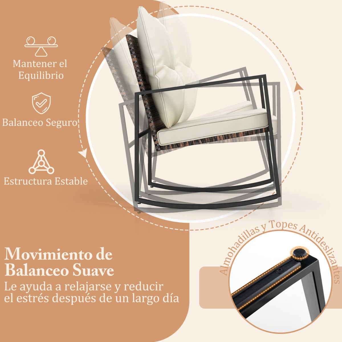 Juego de 2 Sillas Mecedoras de Mimbre con Cojines y Mesa de Centro de Vidrio Templado Juego de Muebles 3 Piezas de Patio Jardín Balcón