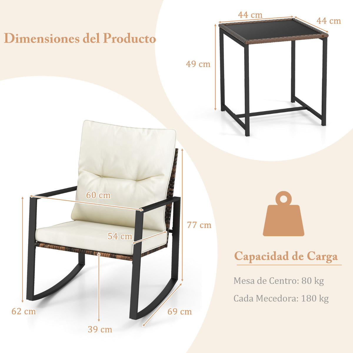 Juego de 2 Sillas Mecedoras de Mimbre con Cojines y Mesa de Centro de Vidrio Templado Juego de Muebles 3 Piezas de Patio Jardín Balcón