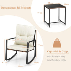 Juego de 2 Sillas Mecedoras de Mimbre con Cojines y Mesa de Centro de Vidrio Templado Juego de Muebles 3 Piezas de Patio Jardín Balcón