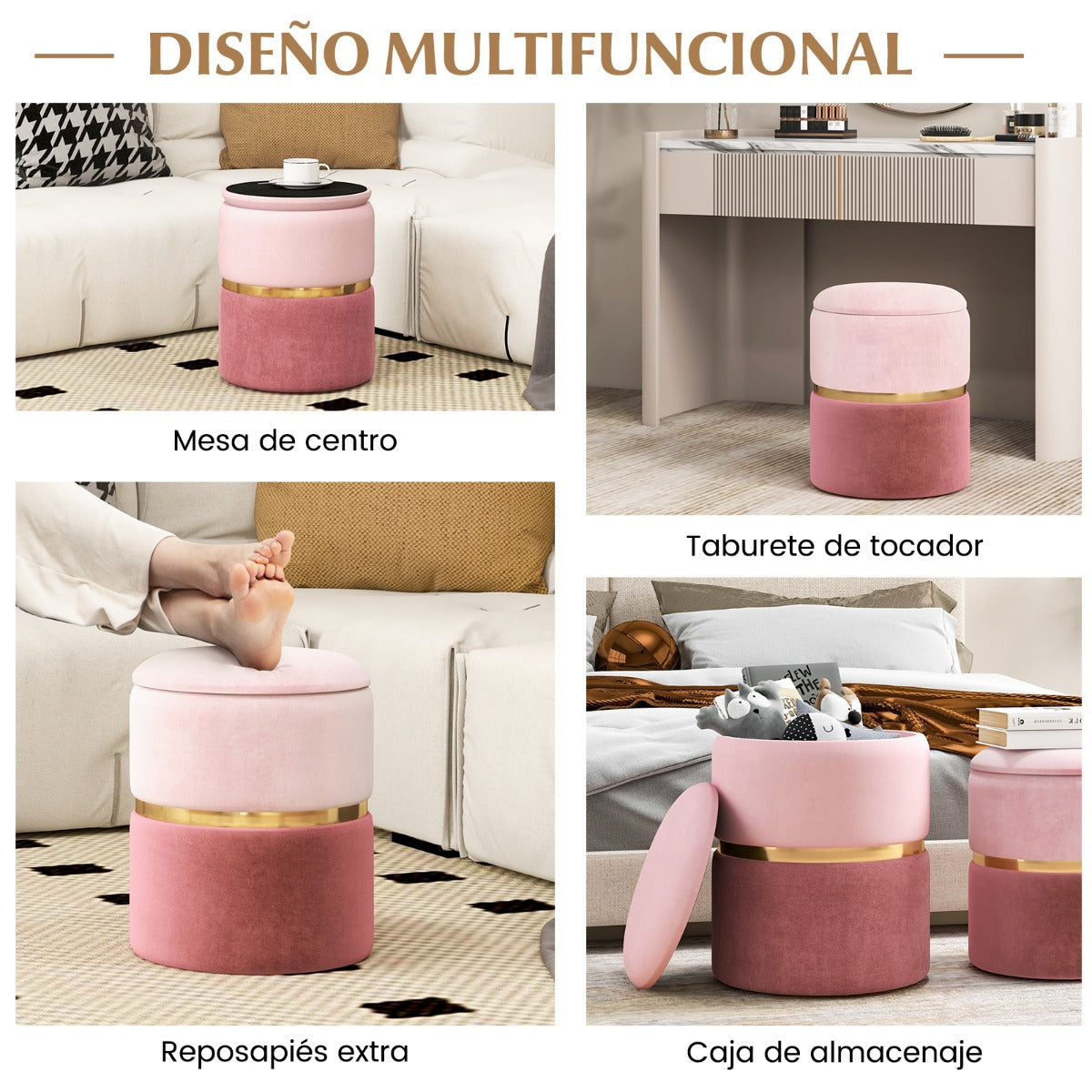 Juego de 2 Otomanas Redondas Tapizadas de 32 L y 21 L de Espacio de Almacenamiento y Asiento Acolchado de Esponja para Dormitorio Rosa