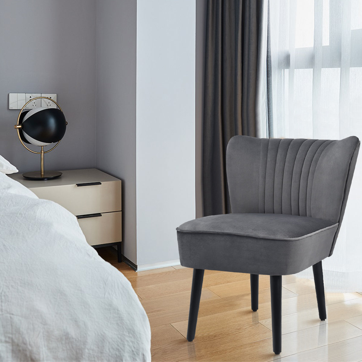 Juego de 2 Sillas de Acento de Terciopelo Silla Moderna Estilo Nórdico con Patas de Madera Respaldo Ergonómico para Salón Dormitorio Gris