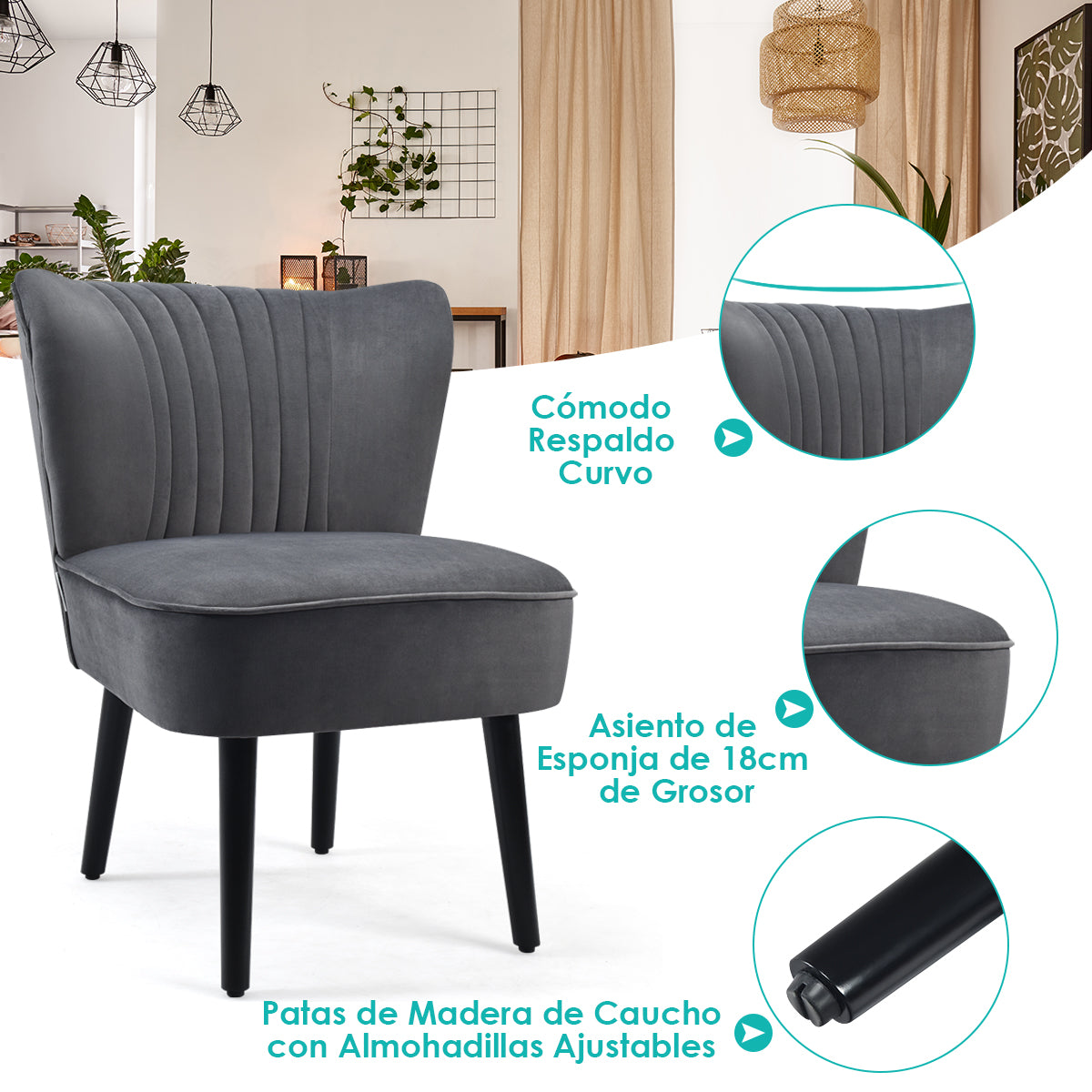 Juego de 2 Sillas de Acento de Terciopelo Silla Moderna Estilo Nórdico con Patas de Madera Respaldo Ergonómico para Salón Dormitorio Gris
