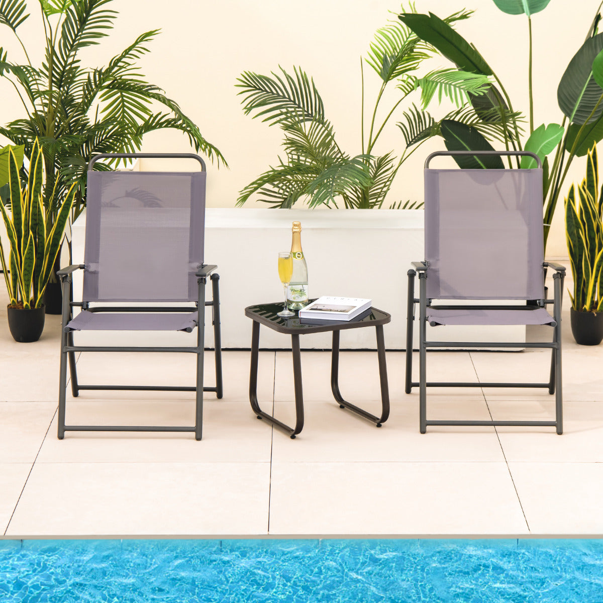 Juego de 2 Sillas Plegables Exterior Silla de Comedor para Patio con Reposabrazos y Respaldo Estructura Triangular para Balcón Jardín Gris