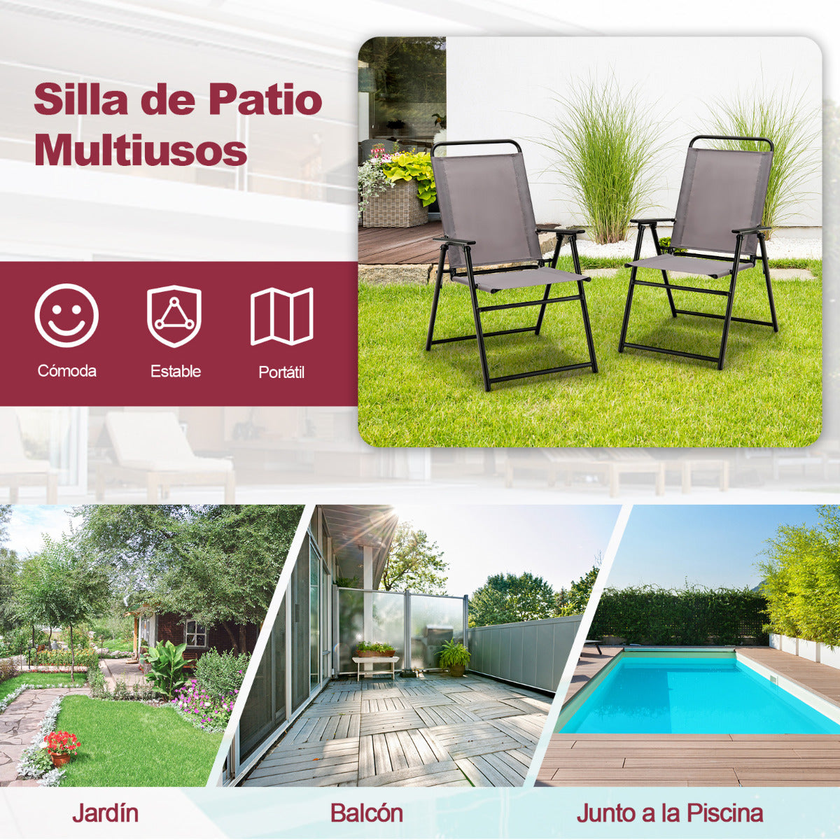 Juego de 2 Sillas Plegables Exterior Silla de Comedor para Patio con Reposabrazos y Respaldo Estructura Triangular para Balcón Jardín Gris