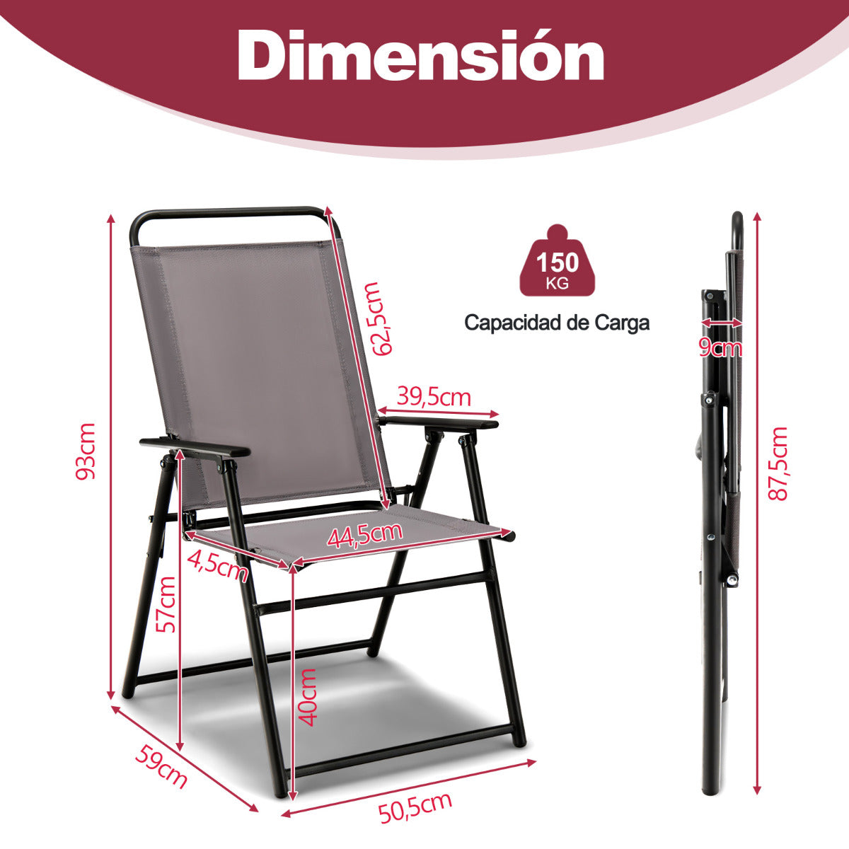 Juego de 2 Sillas Plegables Exterior Silla de Comedor para Patio con Reposabrazos y Respaldo Estructura Triangular para Balcón Jardín Gris