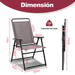 Juego de 2 Sillas Plegables Exterior Silla de Comedor para Patio con Reposabrazos y Respaldo Estructura Triangular para Balcón Jardín Gris