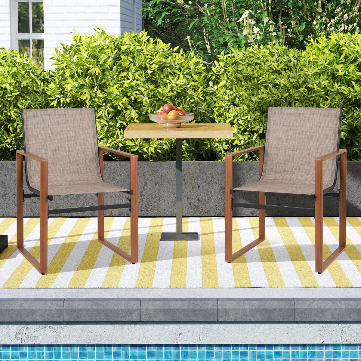 Juego de 2 Sillas de Comedor de Patio con Respaldo y Asiento Transpirable Reposabrazos Estructura Metálica Silla de Tela para Jardín Marrón