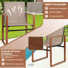 Juego de 2 Sillas de Comedor de Patio con Respaldo y Asiento Transpirable Reposabrazos Estructura Metálica Silla de Tela para Jardín Marrón
