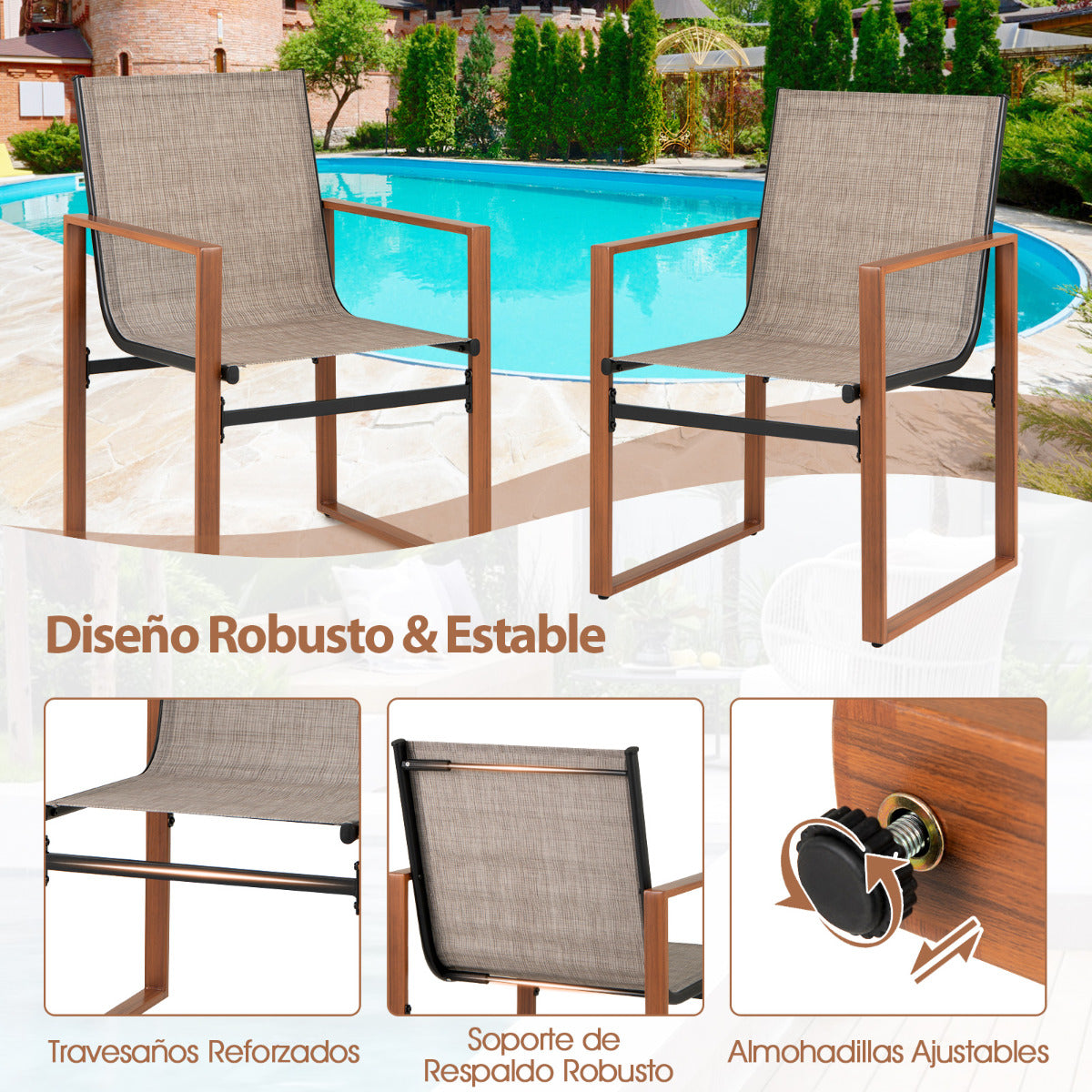 Juego de 2 Sillas de Comedor de Patio con Respaldo y Asiento Transpirable Reposabrazos Estructura Metálica Silla de Tela para Jardín Marrón