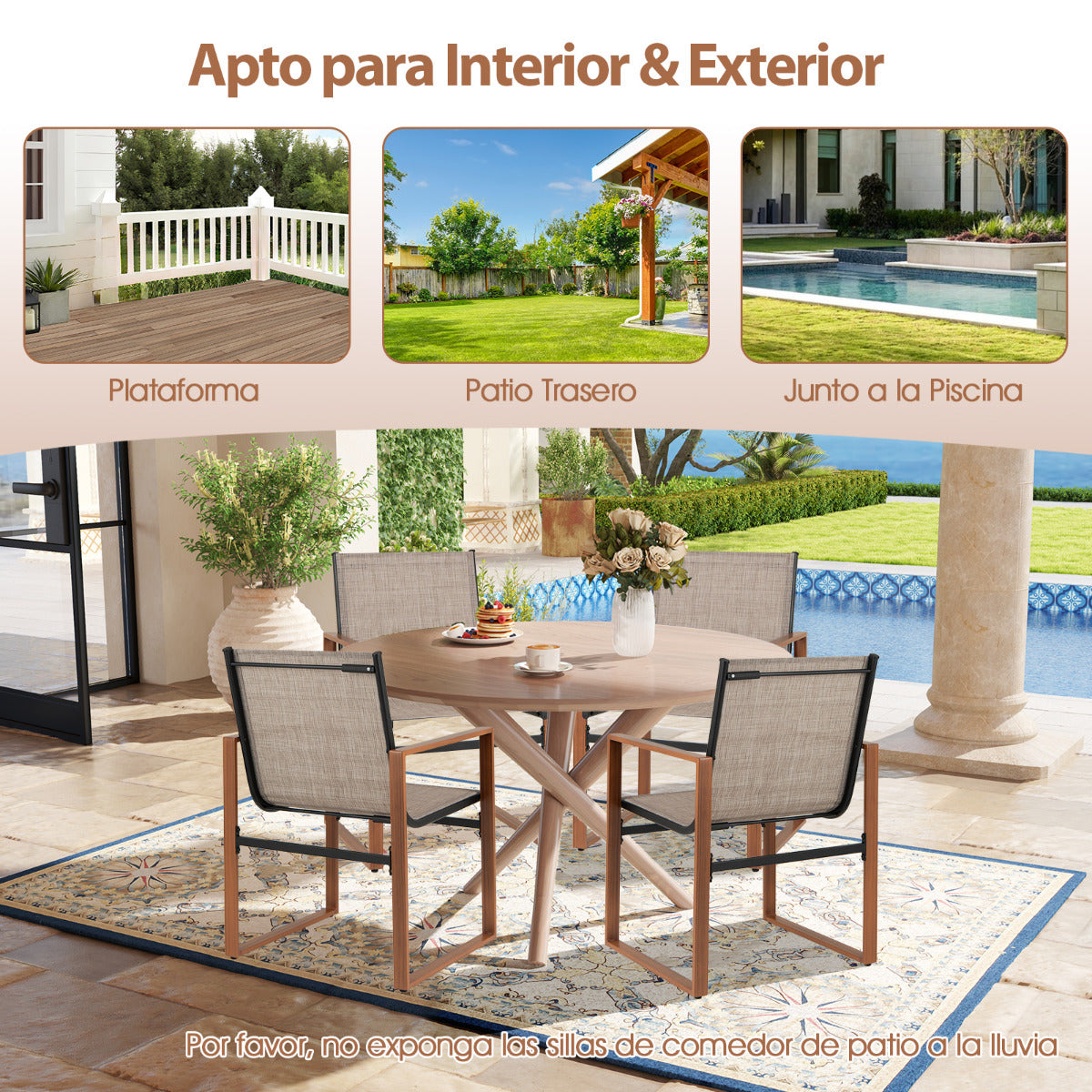 Juego de 2 Sillas de Comedor de Patio con Respaldo y Asiento Transpirable Reposabrazos Estructura Metálica Silla de Tela para Jardín Marrón