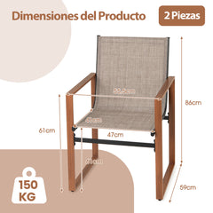 Juego de 2 Sillas de Comedor de Patio con Respaldo y Asiento Transpirable Reposabrazos Estructura Metálica Silla de Tela para Jardín Marrón
