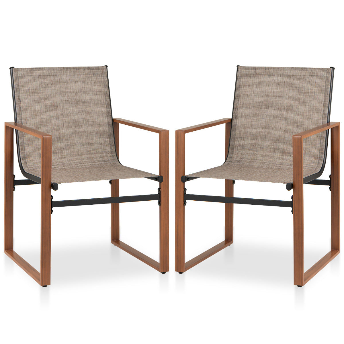 Juego de 2 Sillas de Comedor de Patio con Respaldo y Asiento Transpirable Reposabrazos Estructura Metálica Silla de Tela para Jardín Marrón