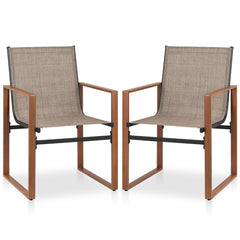 Juego de 2 Sillas de Comedor de Patio con Respaldo y Asiento Transpirable Reposabrazos Estructura Metálica Silla de Tela para Jardín Marrón