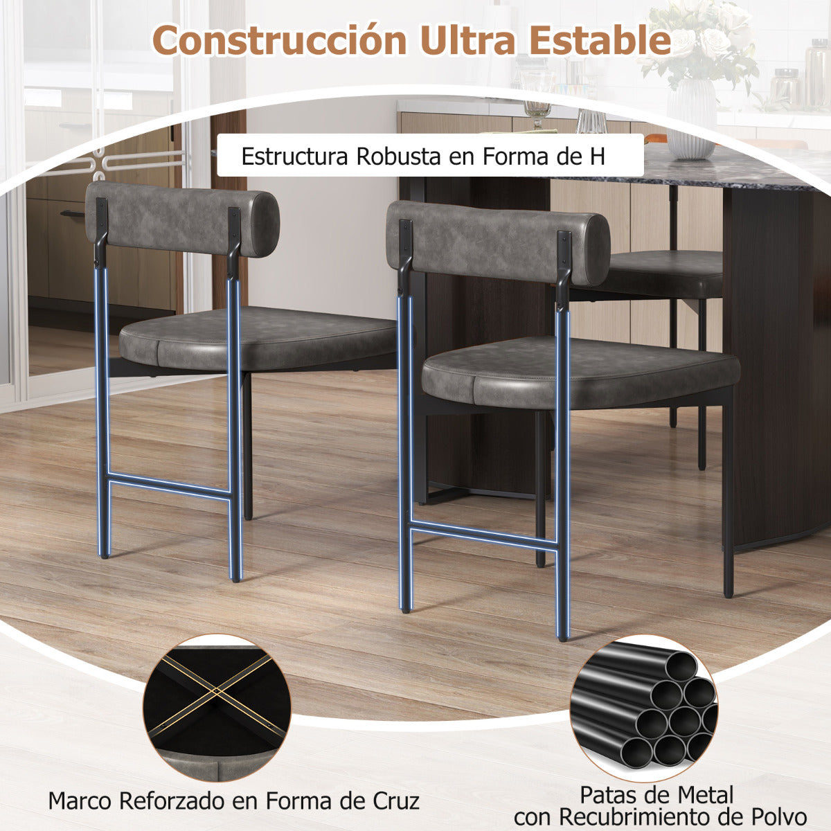 Juego de 2 Sillas de Comedor Silla Lateral de Cocina con Respaldo Curvado y Acolchado Asiento en Forma de U Patas de Metal sin Brazos Gris