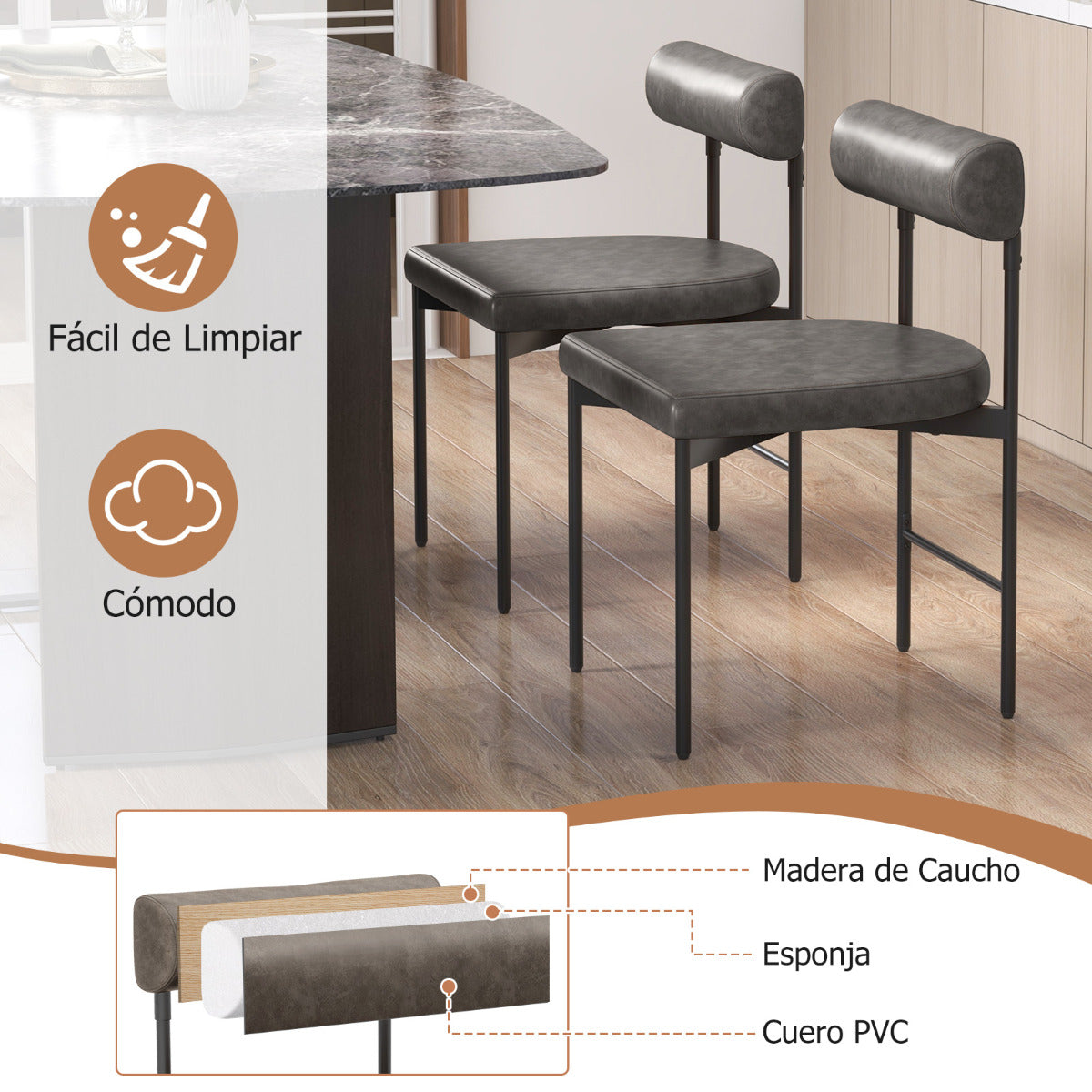 Juego de 2 Sillas de Comedor Silla Lateral de Cocina con Respaldo Curvado y Acolchado Asiento en Forma de U Patas de Metal sin Brazos Gris