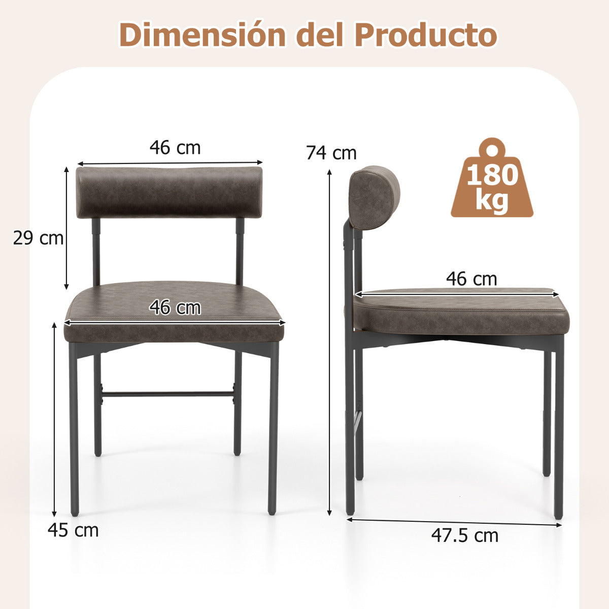 Juego de 2 Sillas de Comedor Silla Lateral de Cocina con Respaldo Curvado y Acolchado Asiento en Forma de U Patas de Metal sin Brazos Gris