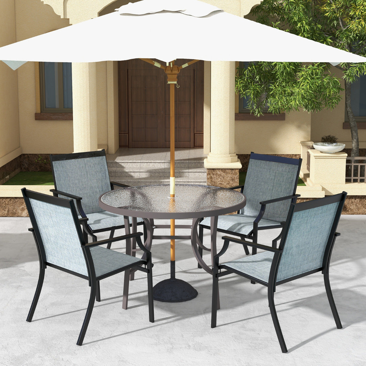 Juego de 2 Sillas de Comedor para Patio Porche con Asiento Transpirable Estructura de Metal Respaldo Alto y Apoyabrazos Ergonómicos Azul