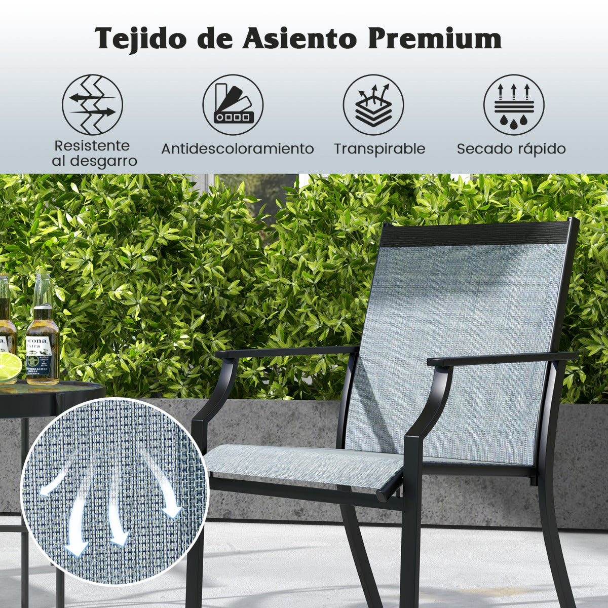 Juego de 2 Sillas de Comedor para Patio Porche con Asiento Transpirable Estructura de Metal Respaldo Alto y Apoyabrazos Ergonómicos Azul