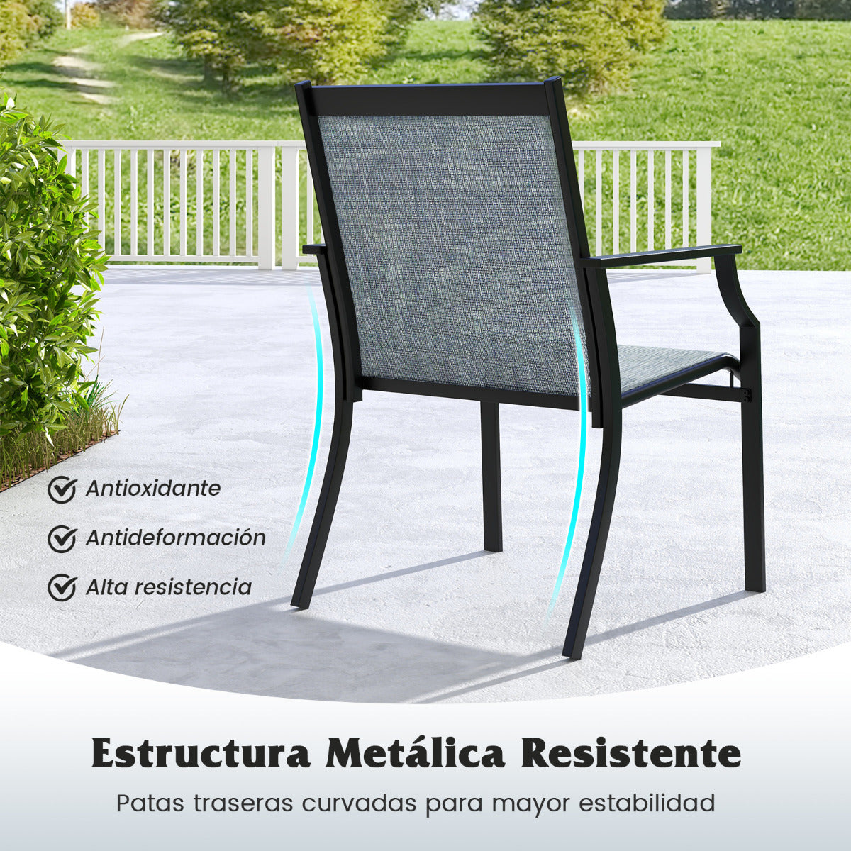 Juego de 2 Sillas de Comedor para Patio Porche con Asiento Transpirable Estructura de Metal Respaldo Alto y Apoyabrazos Ergonómicos Azul