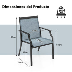 Juego de 2 Sillas de Comedor para Patio Porche con Asiento Transpirable Estructura de Metal Respaldo Alto y Apoyabrazos Ergonómicos Azul