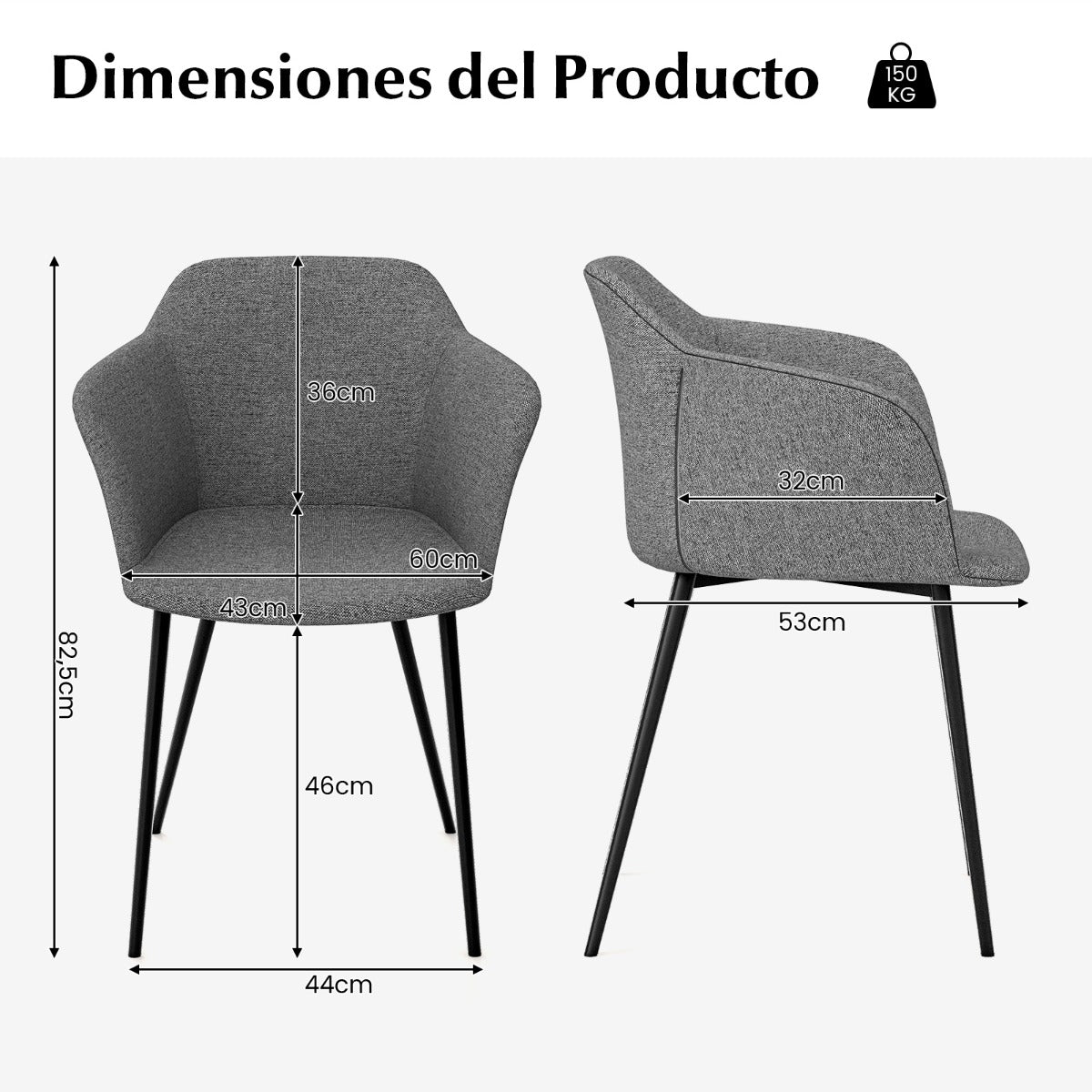Juego de 2 Sillas de Comedor Tapizadas con Respaldo Ergonómico Reposabrazos Anchos 60 x 53 x 82,5 cm-Gris oscuro