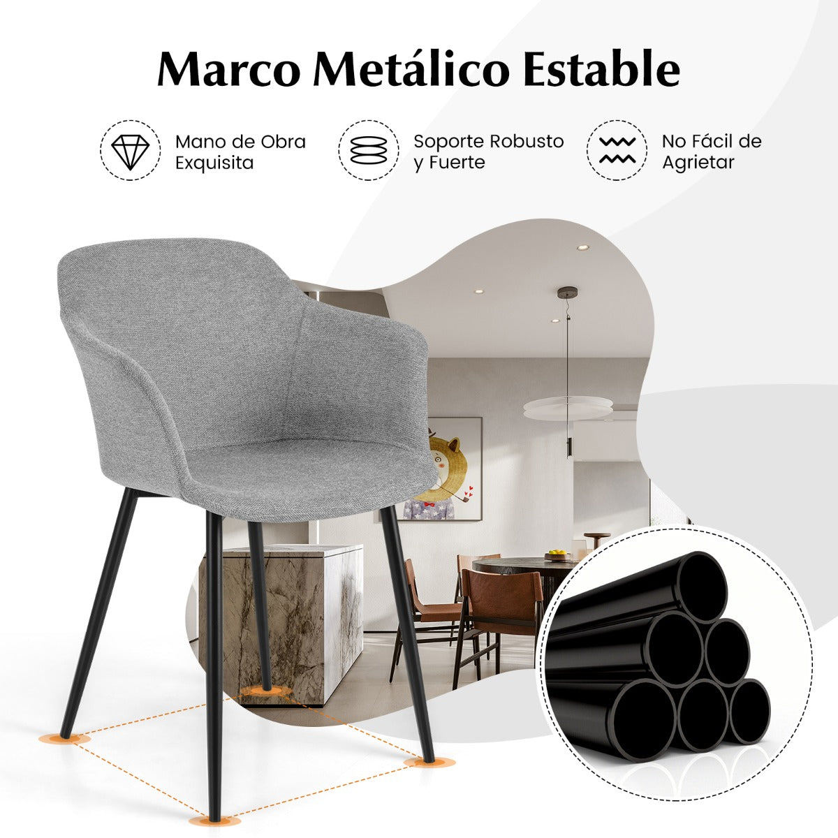 Juego de 2 Sillas de Comedor Tapizadas con Respaldo Ergonómico Reposabrazos Anchos 60 x 53 x 82,5 cm-Gris claro