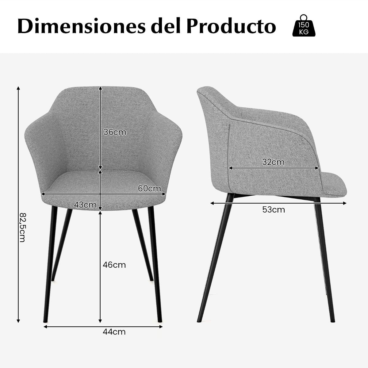 Juego de 2 Sillas de Comedor Tapizadas con Respaldo Ergonómico Reposabrazos Anchos 60 x 53 x 82,5 cm-Gris claro