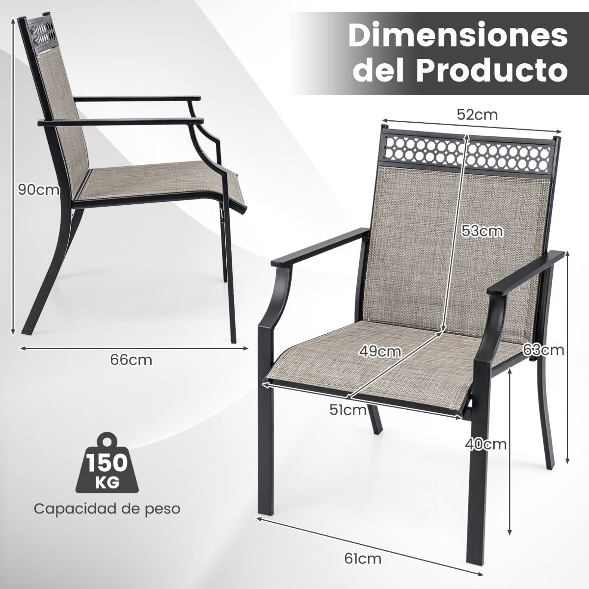 Juego de 2 Sillas de Jardín Textilene Marco de Metal con Respaldo Alto y Reposabrazos Tela de Secado Rápido Carga 150kg 66x61x90cm Marrón