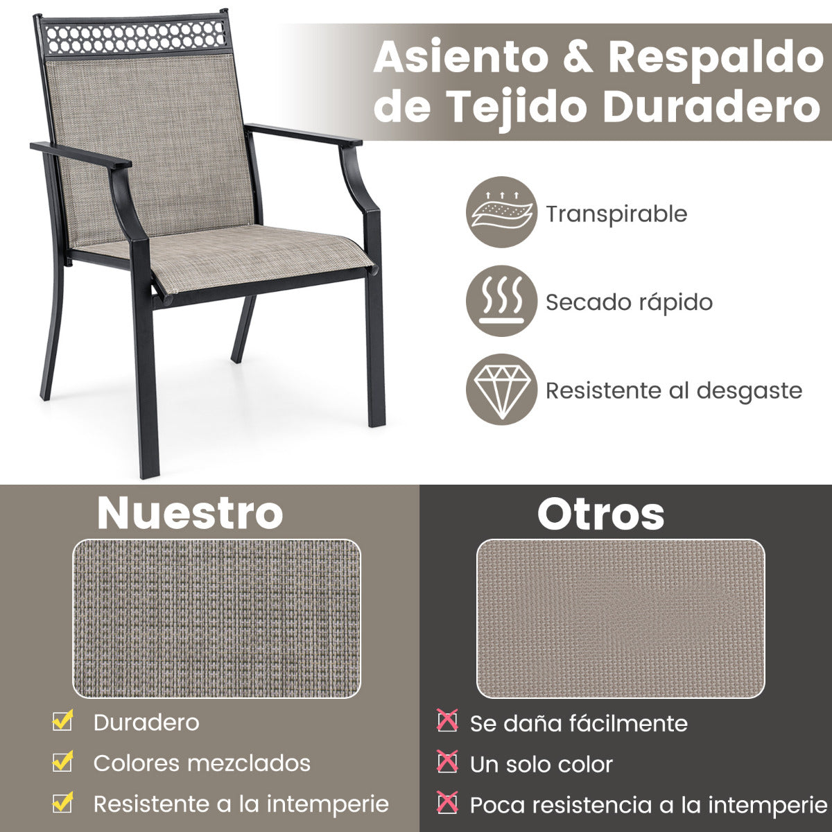 Juego de 2 Sillas de Jardín Textilene Marco de Metal con Respaldo Alto y Reposabrazos Tela de Secado Rápido Carga 150kg 66x61x90cm Marrón