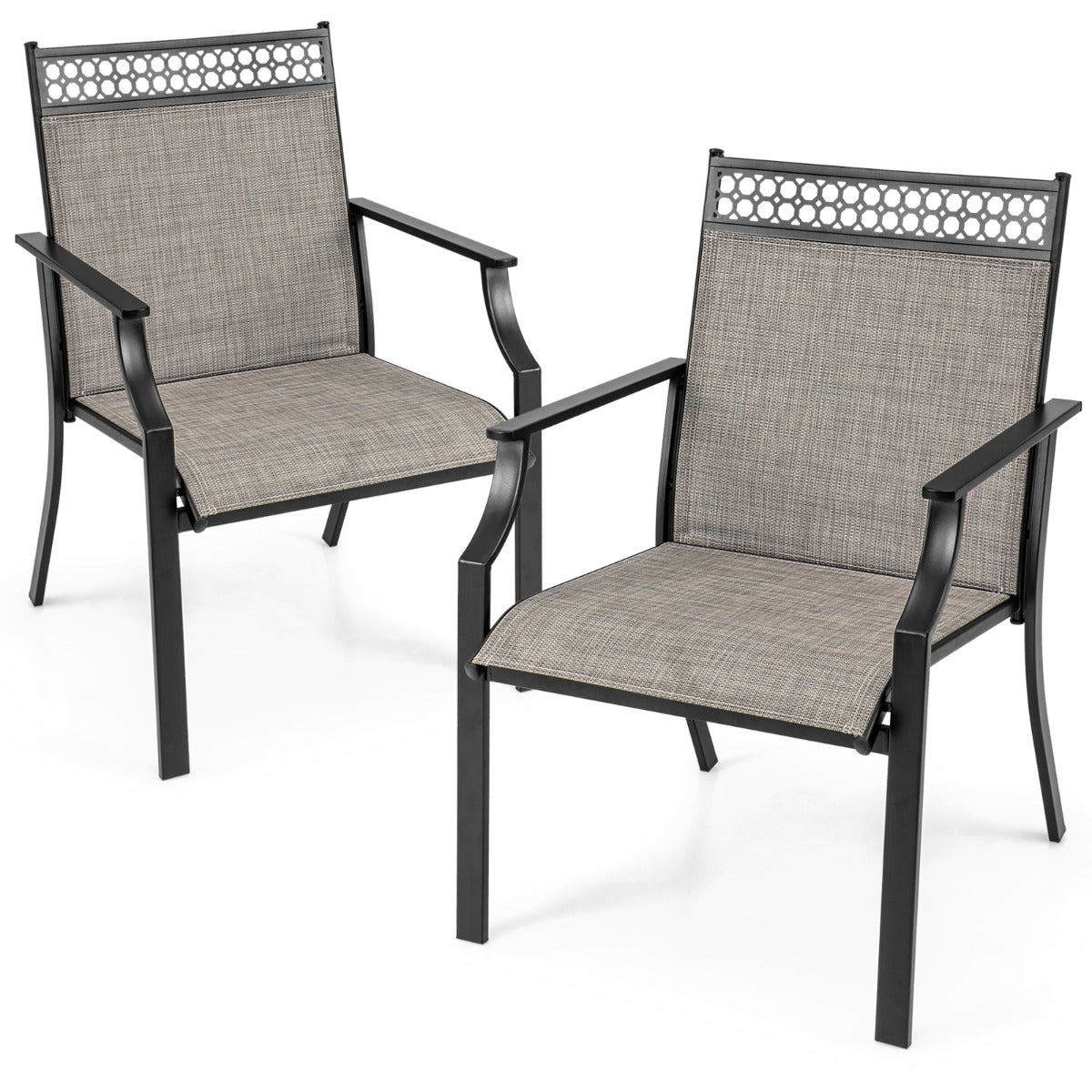 Juego de 2 Sillas de Jardín Textilene Marco de Metal con Respaldo Alto y Reposabrazos Tela de Secado Rápido Carga 150kg 66x61x90cm Marrón