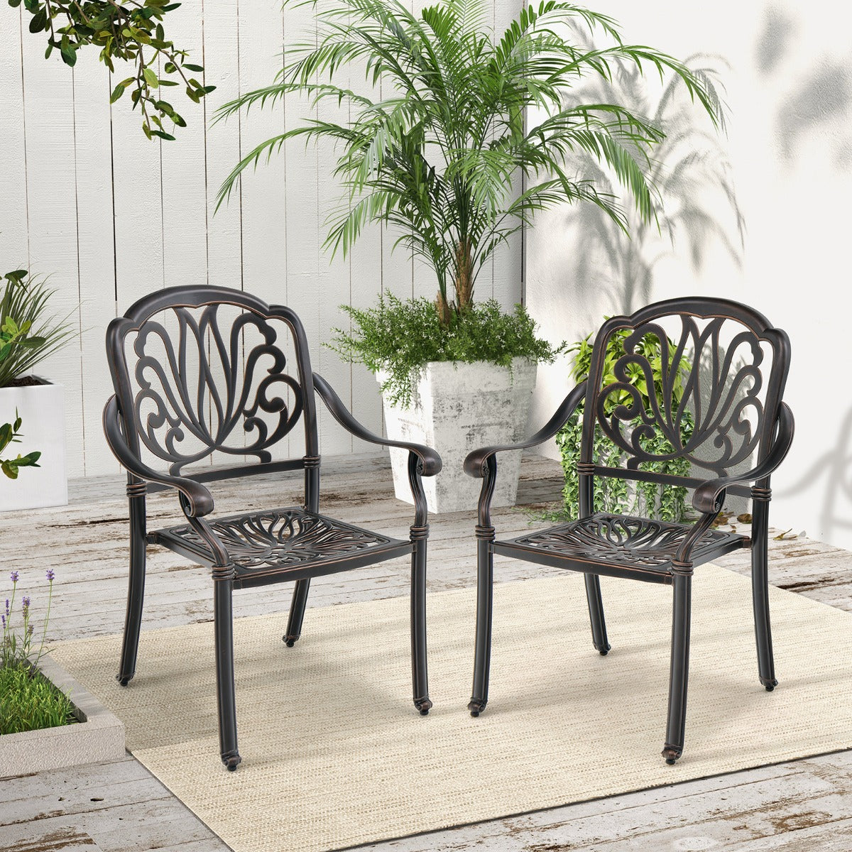 Juego de 2 Sillas de Patio Apilables de Aluminio Fundido con Apoyabrazos para Exterior 66 x 62 x 93 cm Bronce