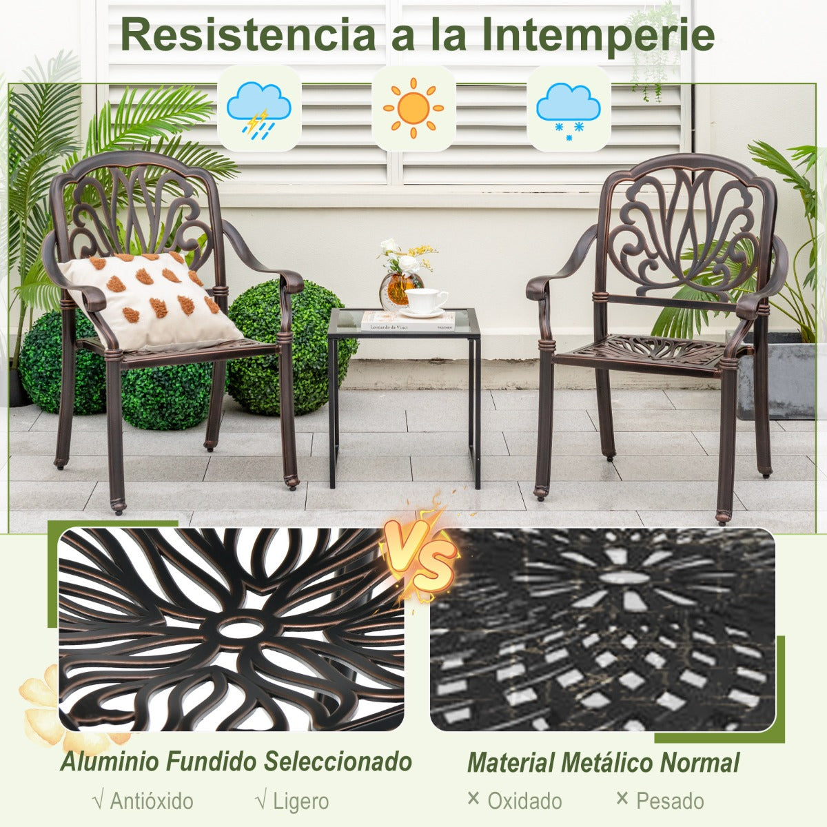 Juego de 2 Sillas de Patio Apilables de Aluminio Fundido con Apoyabrazos para Exterior 66 x 62 x 93 cm Bronce
