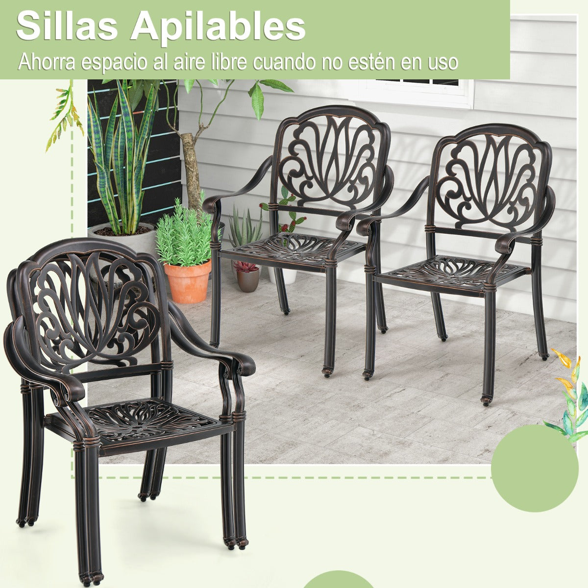 Juego de 2 Sillas de Patio Apilables de Aluminio Fundido con Apoyabrazos para Exterior 66 x 62 x 93 cm Bronce