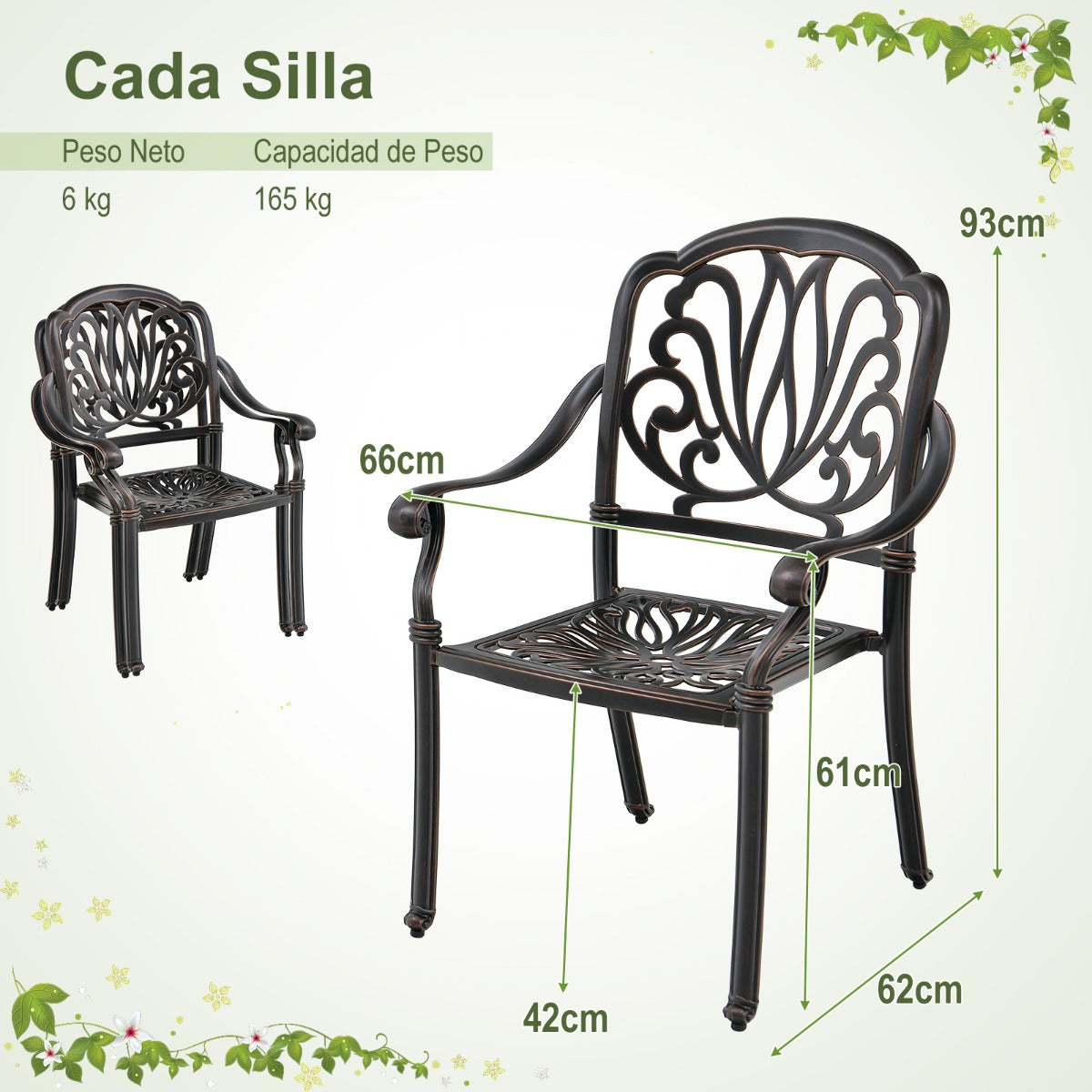 Juego de 2 Sillas de Patio Apilables de Aluminio Fundido con Apoyabrazos para Exterior 66 x 62 x 93 cm Bronce