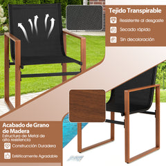 Juego de 2 Sillas de Comedor de Patio con Respaldo y Asiento Transpirable Reposabrazos Estructura Metálica Silla de Tela para Jardín Negro