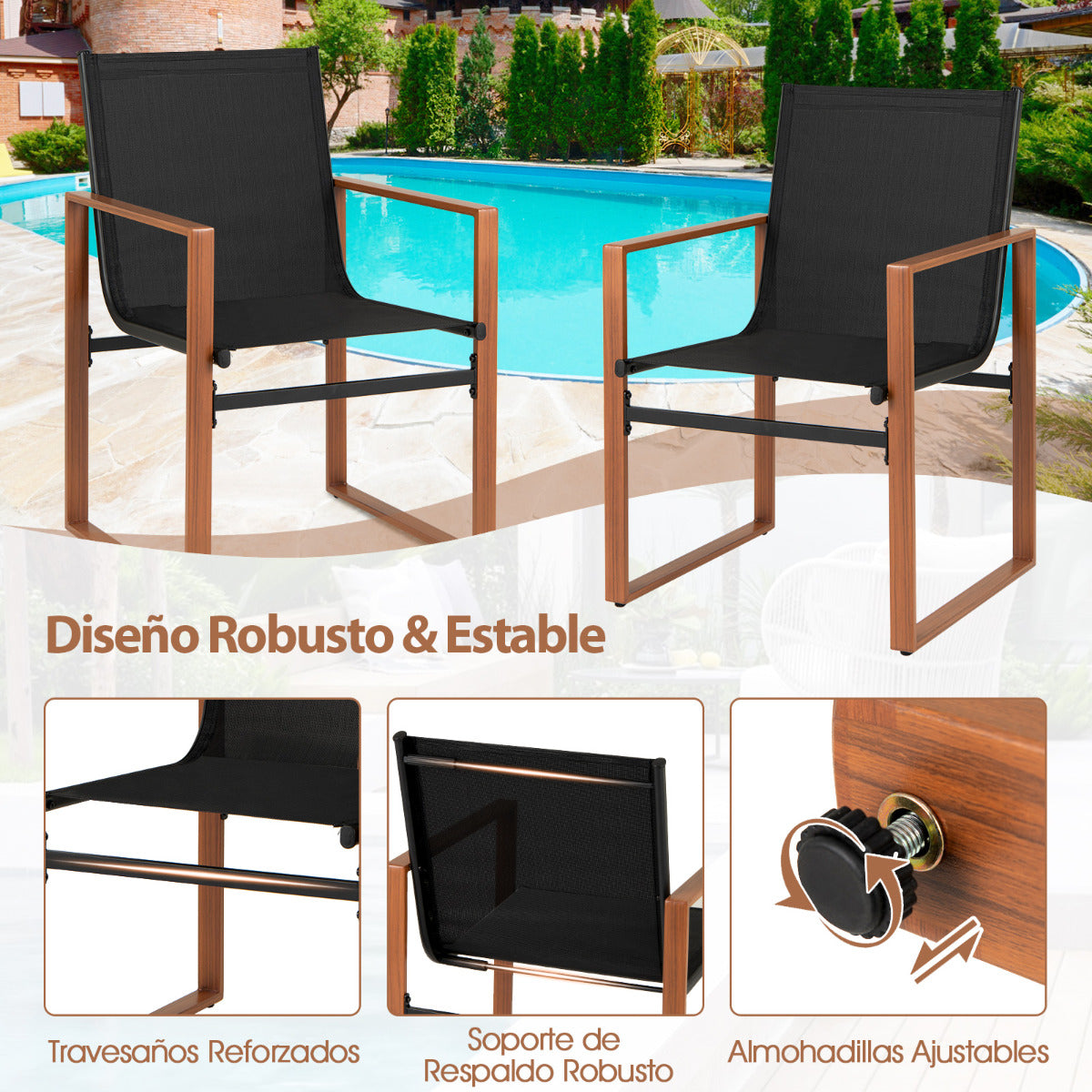 Juego de 2 Sillas de Comedor de Patio con Respaldo y Asiento Transpirable Reposabrazos Estructura Metálica Silla de Tela para Jardín Negro