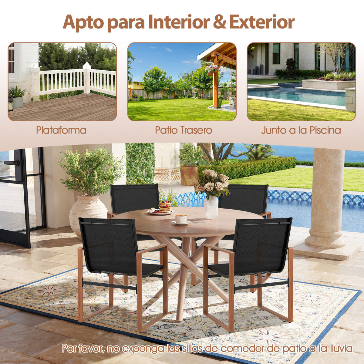 Juego de 2 Sillas de Comedor de Patio con Respaldo y Asiento Transpirable Reposabrazos Estructura Metálica Silla de Tela para Jardín Negro