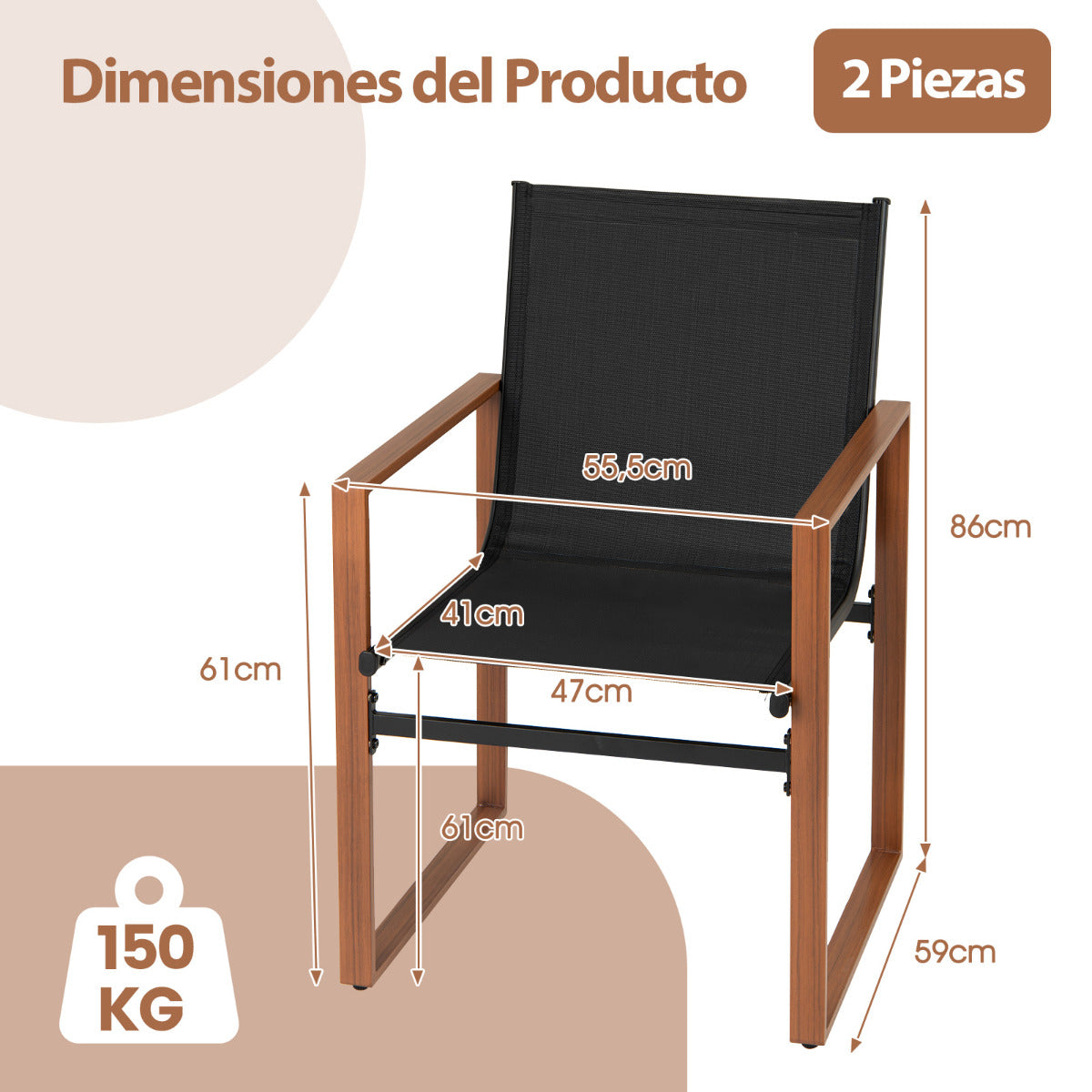 Juego de 2 Sillas de Comedor de Patio con Respaldo y Asiento Transpirable Reposabrazos Estructura Metálica Silla de Tela para Jardín Negro