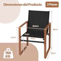 Juego de 2 Sillas de Comedor de Patio con Respaldo y Asiento Transpirable Reposabrazos Estructura Metálica Silla de Tela para Jardín Negro