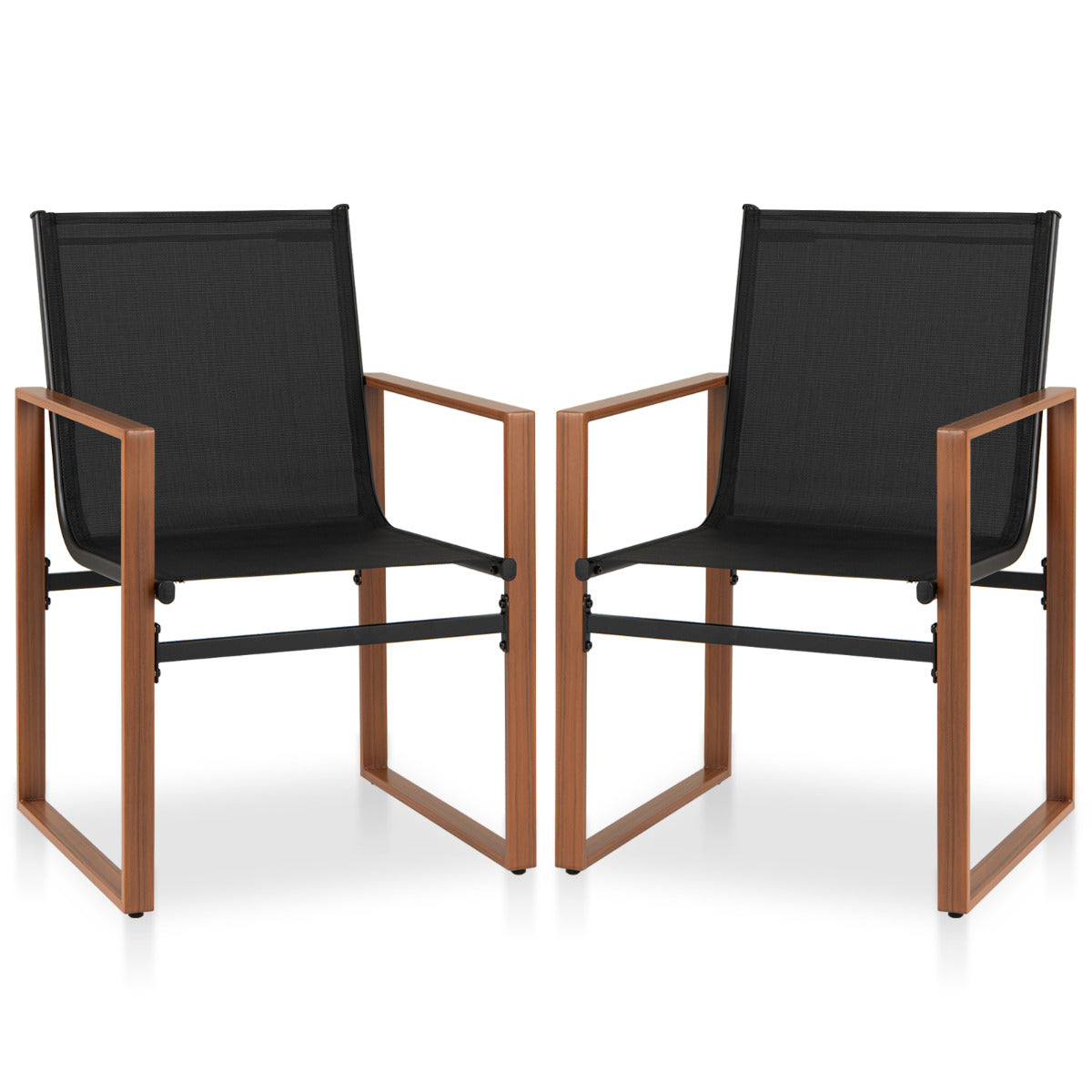 Juego de 2 Sillas de Comedor de Patio con Respaldo y Asiento Transpirable Reposabrazos Estructura Metálica Silla de Tela para Jardín Negro