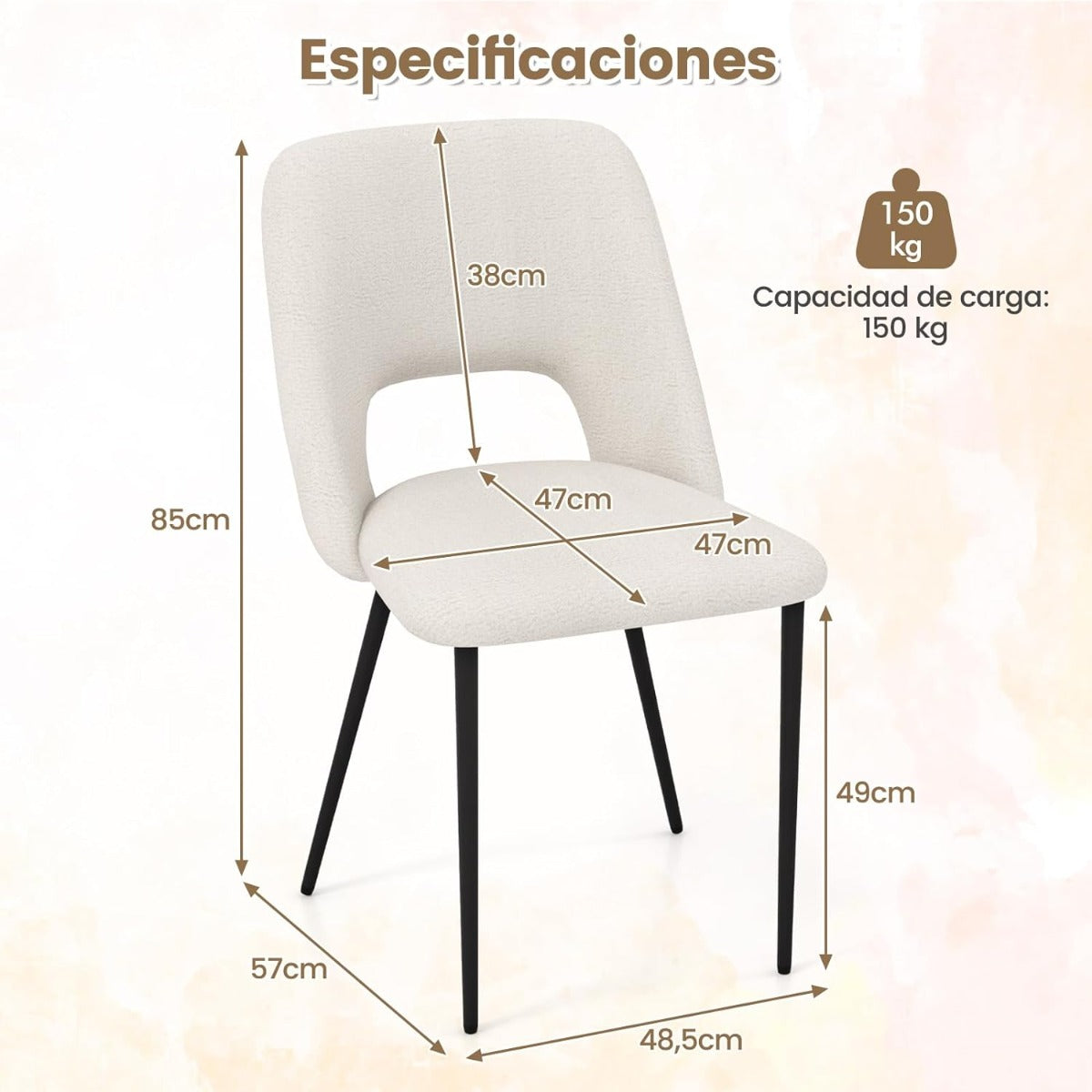 Juego de 2 Sillas Tapizada de Bar para Cocina con Altura de Mostrador de 2 Piezas Patas de Metal Respaldo Hueco 48,5 x 57 x 85 cm Beige