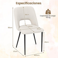 Juego de 2 Sillas Tapizada de Bar para Cocina con Altura de Mostrador de 2 Piezas Patas de Metal Respaldo Hueco 48,5 x 57 x 85 cm Beige