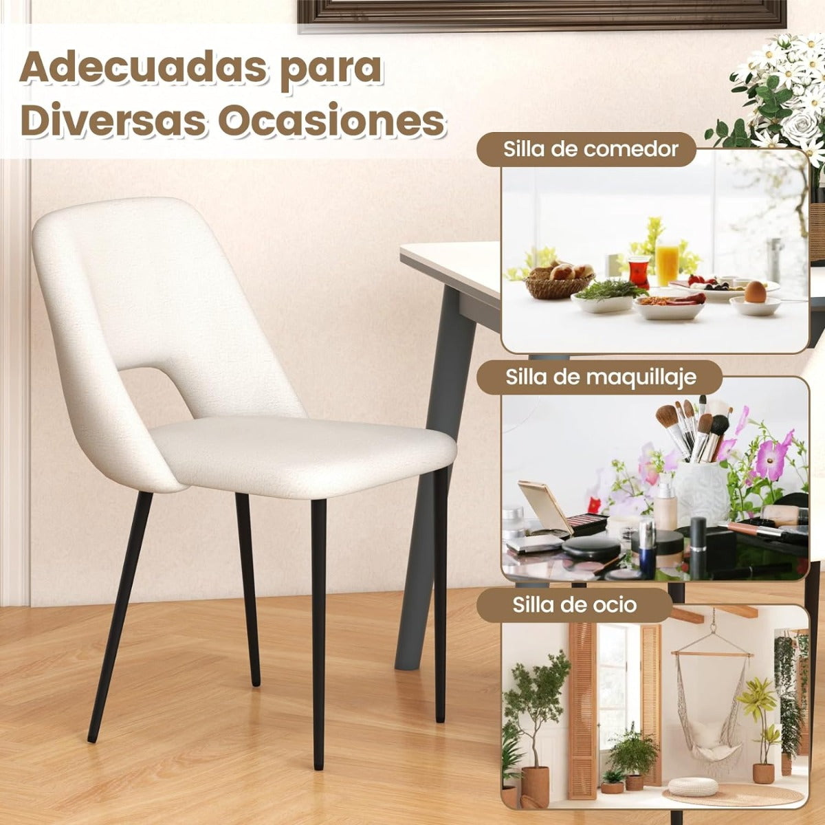 Juego de 2 Sillas Tapizada de Bar para Cocina con Altura de Mostrador de 2 Piezas Patas de Metal Respaldo Hueco 48,5 x 57 x 85 cm Beige