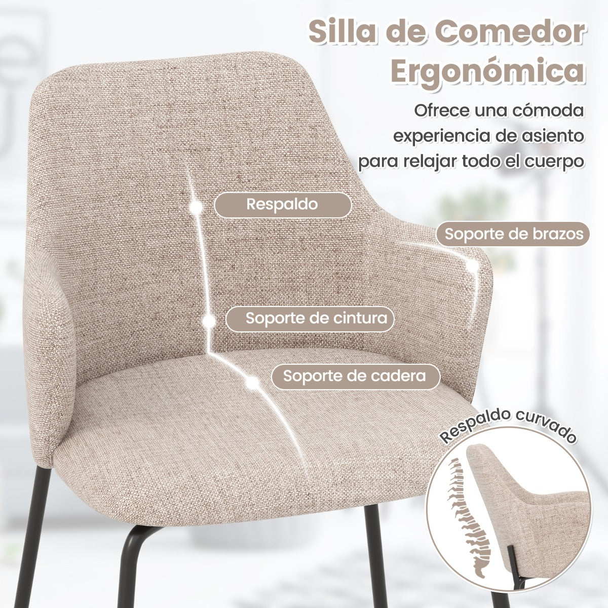 Juego de 2 Sillas de Comedor con Respaldo Curvo Reposabrazos Anchos Estructura Duradera y Almohadillas Ajustables Carga 150 kg Beige