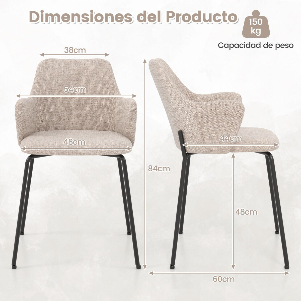 Juego de 2 Sillas de Comedor con Respaldo Curvo Reposabrazos Anchos Estructura Duradera y Almohadillas Ajustables Carga 150 kg Beige