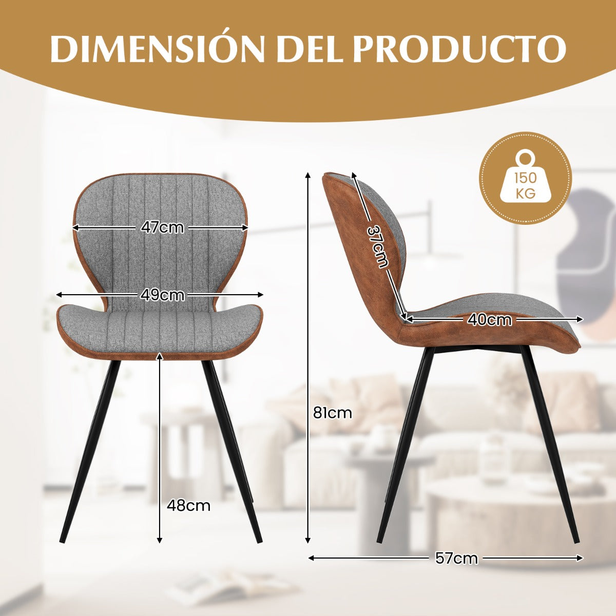 Juego de 2 Sillas Moderna de Cocina con Respaldo Curvo Asiento Almohadilla Antideslizante Estructura Patas de Metal Carga 150 kg Gris