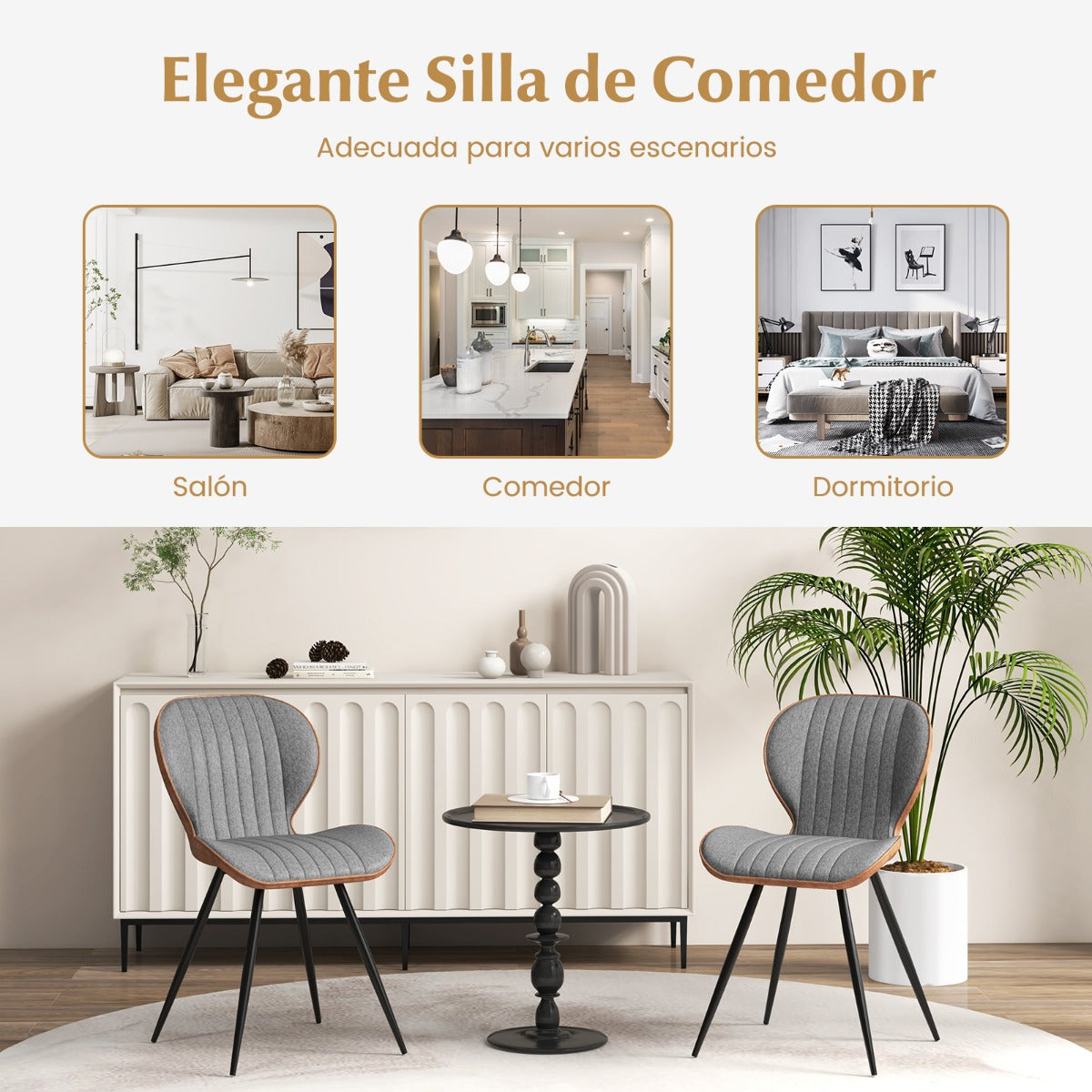 Juego de 2 Sillas Moderna de Cocina con Respaldo Curvo Asiento Almohadilla Antideslizante Estructura Patas de Metal Carga 150 kg Gris