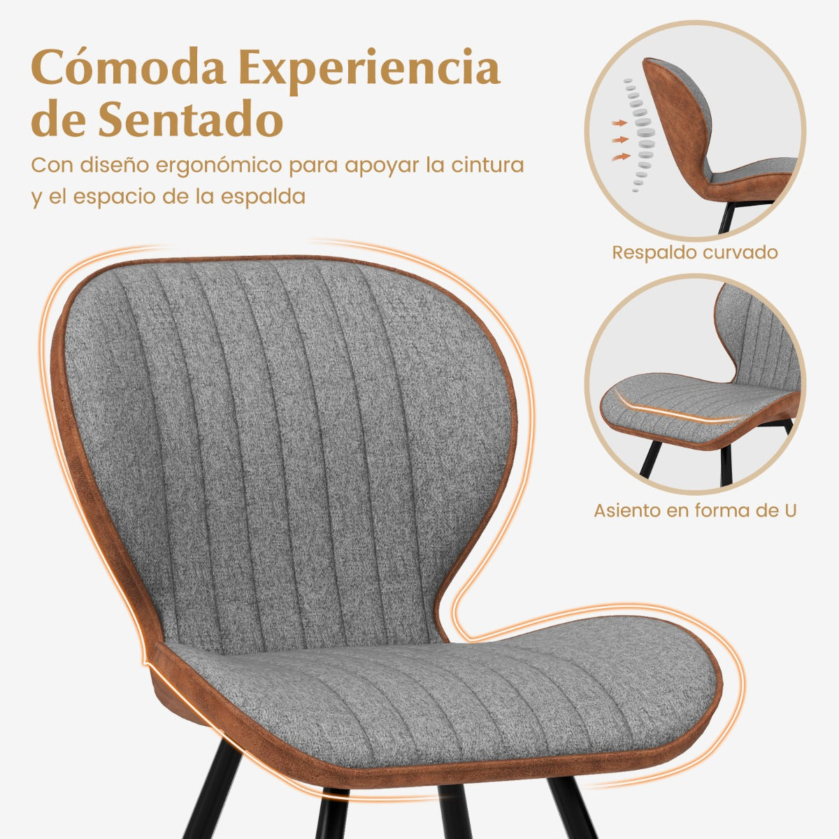 Juego de 2 Sillas Moderna de Cocina con Respaldo Curvo Asiento Almohadilla Antideslizante Estructura Patas de Metal Carga 150 kg Gris